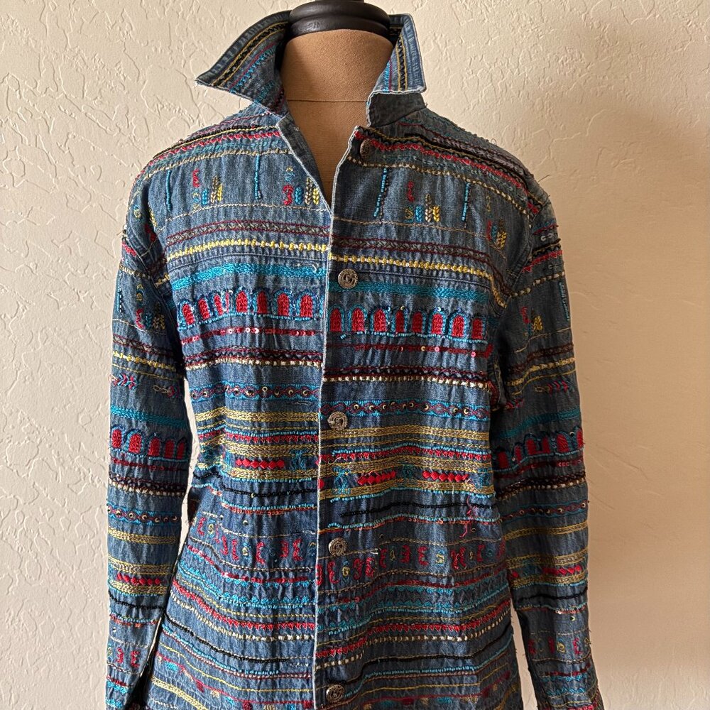 Chico's Embroidered Denim Jacket. Size 1. Blue.